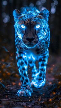 a blue leopard with glowing eyes walking through the woods