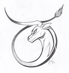 the head of an animal with long horns and curved tail is drawn in black ink