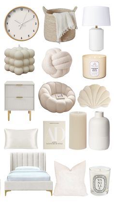 a collage of all white furniture and decor items including lamps, pillows, blankets, candles, vases