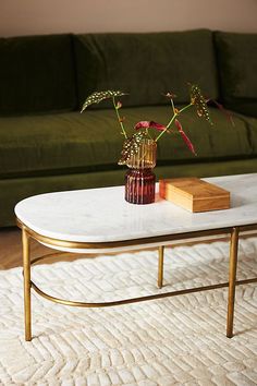 a living room with a couch, coffee table and plant on it's side