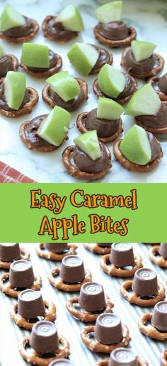 an easy caramel apple bites recipe with pretzels on top