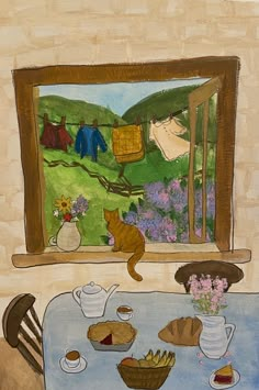 a painting of a cat sitting at a table in front of a window looking out onto the countryside