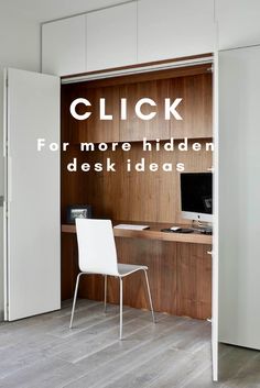 a white chair sitting in front of a wooden desk