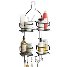 three tiered metal rack holding various items