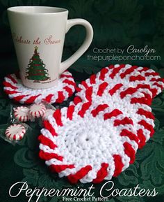 crocheted coasters with peppermint coasters on them and a coffee mug in the middle