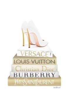 there is a stack of books with high heels on top of each book and the words versa, louis vuitton, christian dior, burberry