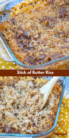 two pictures showing different stages of rice being cooked in a casserole dish with spoons