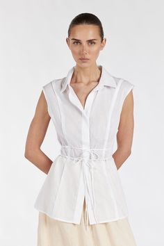 JASE WHITE LINEN SLEEVLESS TOP | Dissh Sleevless Top, Linen Sleeveless Top, Maxi Pants, Denim Jean Skirt, White Long Sleeve Dress, White Denim Jeans, Long White Dress, Linen Skirt, Sleeveless Shirt