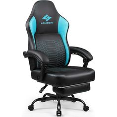 a black and blue office chair with the word lazer on it's back