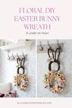 an easter bunny wreath hanging on the wall with flowers in it and text overlay that reads, floral diy easter bunny wreath in under an hour