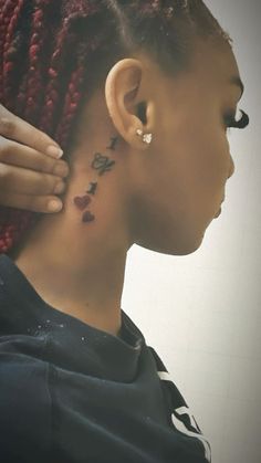 1 of 1 tattoo Girly Neck Tattoo, Female Behind The Ear Tattoos, Front Of Ear Tattoos For Women, Tattoo Ideas Neck Woman, Best Friend Tattoos Behind Ear, Tattoo Behind Ears For Women, Tatoos Behind Ear, Behind The Ear Tattoo Ideas Words, Small Behind Ear Tattoos For Women