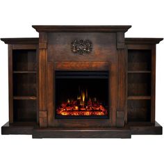 an entertainment center with a fireplace in the middle