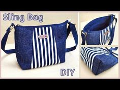 a blue and white striped bag with stripes on the bottom, inside and outside it