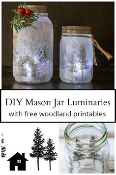 mason jar luminaries with free woodland printables for christmas or any season