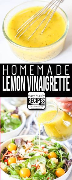 homemade lemon vinaigrete is being drizzled over a salad in a bowl