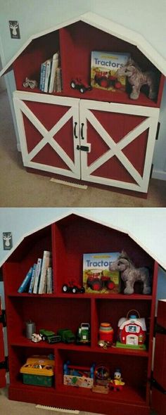 two pictures of a toy barn with books and toys in it