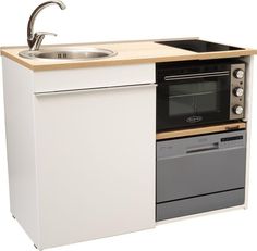 a kitchen with a sink, stove and dishwasher on it's side