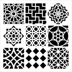 a set of nine black and white geometric designs, each with an intricate design in the middle