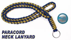 the paracord neck lanyard is blue and yellow with a metal hook on it