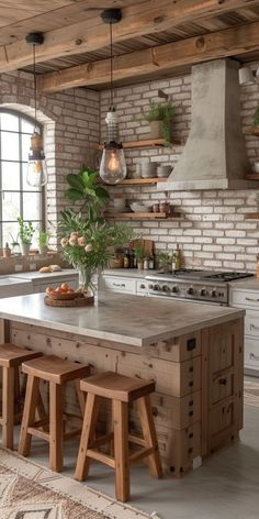 a kitchen with an island and stools in front of the stove top, surrounded by potted plants