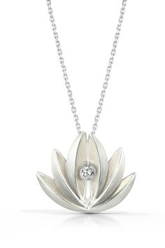 Silver & Stone Necklace - A dimensional lotus flower is hand fabricated in sterling silver, with a white sapphire nestled into the center.<br><br>Adjustable sterling silver chain with friction pull slider. Lotus Inspired Jewellery, Lotus Jewelry Design, Lotus Flower Jewelry, Lotus Flower Pendant, Buddhist Jewellery, Lotus Jewelry, Lotus Necklace, Lotus Pendant, Jewelry Design Drawing