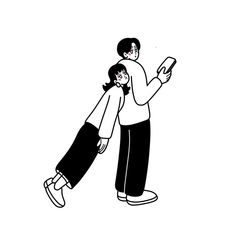 a man and woman hug each other while holding their cell phones in one hand, black and white illustration on a white background