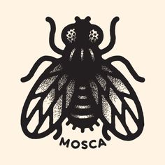 a black and white insect with the word mosca on it's back side