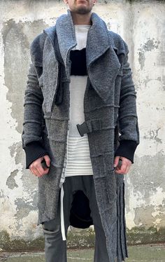 Designer Handmade coat made from high-quality wool.  ■ A7Studio is your perfect choice for incredible & unique style. Each item is made to order according to the size you pick, we do not hold stock. ■ SIZING ■ This piece comes in sizes from S to 4XL, ■ Men's SIZE CHART ■ Size S - US 6, UK 10, Europe 38 Bust: around 34 - 35.5 in / 86 - 90 cm Waist: around 29 - 30.5 in / 74 - 78 cm Hips: around 34 - 36.5 in / 86 - 90 cm Height: around 5'9" / 175 cm Size M - US 8, UK 12, Europe 40 Bust: around 36.5 Mens Black Vest, Cardigan Handmade, Designer Outerwear, Long Sleeve Coat, Men's Cardigan, Mens Cardigan, Coat Design, Mens Vest, Boho Chic