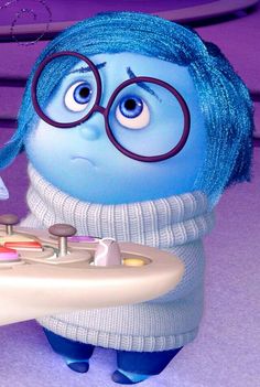 a cartoon character holding a game controller in front of a purple background with blue hair and glasses