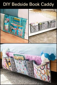 the diy bed side book caddy is made from fabric and has pockets for books