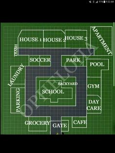 a green floor plan for a house with the names and numbers in white on it