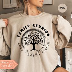 All of our Family Reunion hoodies are handmade to order on an ultra soft crewneck that will quickly become your go to apparel item! You will never want to take it off! Our Reunion sweatshirts are handmade to order with eco-friendly water based ink that feels good and lasts longer! ♥The details♥ This unisex sweatshirt is crafted from soft, breathable fabric for ultimate comfort. Printed with an eco-friendly water-based ink, this sweater not only looks great but also supports sustainable practices. The unisex sizing allows for a versatile fit, but we suggest sizing up for a more relaxed look. To keep your crewneck looking its best, we recommend washing it on cold and either hanging it to dry or tumble drying it on low heat. Be sure to avoid ironing directly on the design to preserve the vibr Reunion Familiar, Family Hoodie, Tree Sweater, Sustainable Practices, Family Reunion, Hoodie Design, Family Gifts, Family Tree, Unisex Sweatshirt