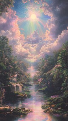 a painting of the sun shining through clouds over a river with waterfalls and trees