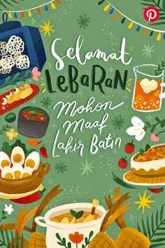 the cover of selamat lebaran, an indonesian - language book with illustrations of food and drinks