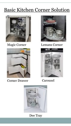 the basic kitchen corner solution is shown in four different pictures, including an open cabinet and drawers