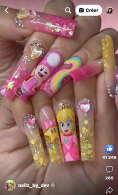 Disney Character Acrylic Nails, Princess Daisy Nails, Family Guy Nails, Cereal Nails, Dora Nails, Cartoon Character Nails, Mario Nails, Nerdy Nails, Alternative Nails