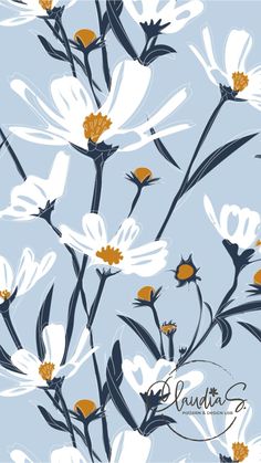 white and yellow flowers on a blue background with the words blaudia's