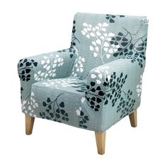 a blue chair with black and white flowers on it