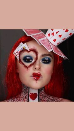 Playing Cards Makeup Look, Queen Of Hearts Horror Makeup, Queen Of Hearts Sfx Makeup, Cool Face Paint Ideas For Women, Scary Alice In Wonderland Makeup, Scary Queen Of Hearts Costume, Halloween Makeup For Men With Beards, Queen Of Hearts Hairstyles, Alice In Wonderland Halloween Makeup