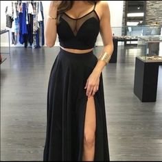 Two Piece Black Prom Dress With Mesh Illusion Neckline. Never Worn! Skirt Has Cute Slit In It. Would Be Perfect For Any Formal Event! Two Piece Evening Dresses, Spaghetti Strap Prom Dress, Prom Dresses Two Piece, Prom Dresses Modest, Black Prom Dress, Black Prom, Piece Prom Dress, Chiffon Prom Dress, Black Prom Dresses