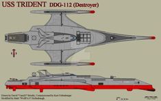 the uss trident ddg - 122 destroyer is shown in red and grey colors, with an arrow pointing at it's nose