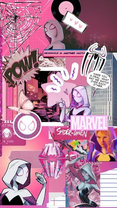 the collage is made up of many different things in pink and black colors, including an image of spider - man