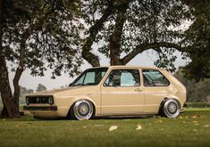 a beige station wagon parked in the grass