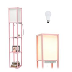 a pink shelf next to a light bulb and a lamp on a white background with an image of a teddy bear in the corner