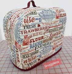 a suitcase with words all over it