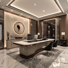 an elegant office with marble floors and walls, along with a large desk in the center