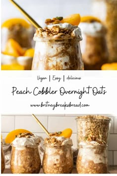 peach cobbler overnight oats in mason jars with orange peel garnish on top