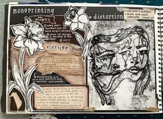 an altered book with drawings and words on the pages, including a drawing of a woman's face