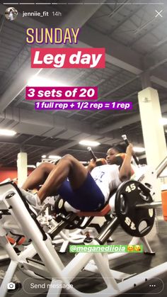 a man laying on top of a bench in a gym with the text sunday leg day 3 sets of 20