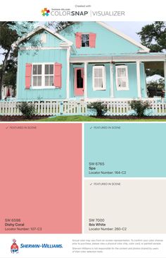 a blue house with pink shutters and white trim on the front, in color swatches